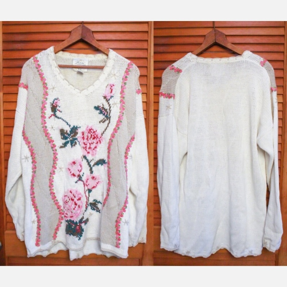 Vintage 90s Sweater, Oversized Sweater, Rose Sweater, Vintage 80s Sweater Roses